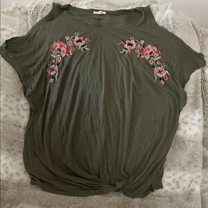 Maurices Olive Short Sleeve Top with Pink Floral Embroidery